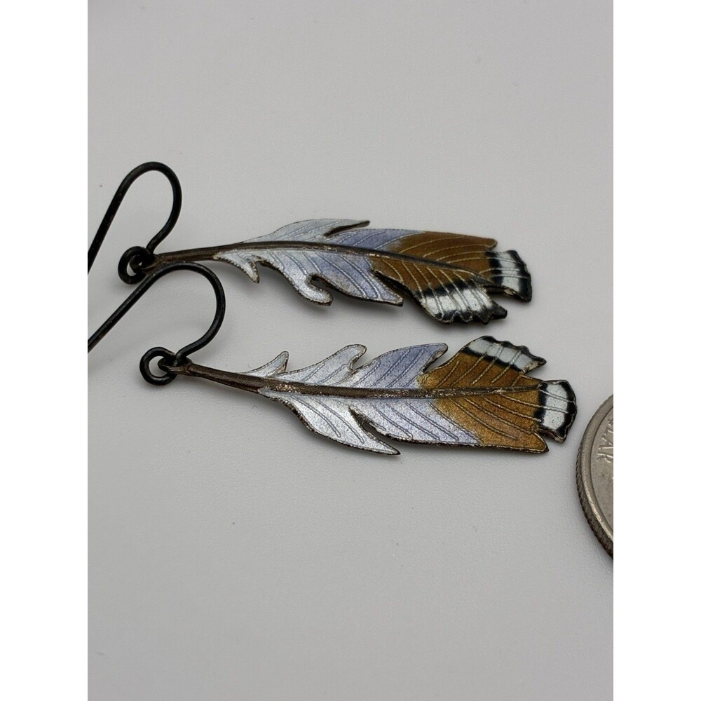 Blue Brown Feather Sterling Silver Hook Pierced Earrings Southwestern Style 1.5” - Picture 7 of 9